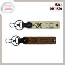 Motifli Romantik Hediye – Sevgiline Ayyıldız Kurt Göktürk Deri Anahtarlık Takımı, Sütlü Kahve-Kahve