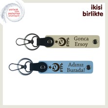 Şık ve Anlamlı Dokunuş – Ayyıldız Kurt Göktürk Temalı Deri Anahtarlık Hediyesi, Sütlü Kahve-Gök Mavi