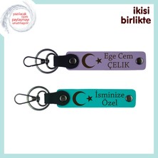 Kişisel Hediye Arayanlara – Ay Yıldız Desenli Deri Anahtarlık Seti, Isme Özel X2, Mor-Turkuaz