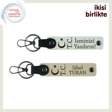 Dayıya Anlamlı Bir Jest, Ay Yıldız Tc Tasarımla Isme Özel 2’li Anahtarlık Takımı, Beyaz-Sütlü Kahve