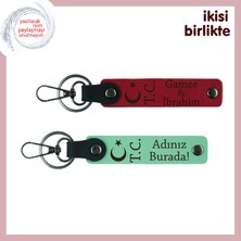 Üzerine Isim Yazılabilen Ay Yıldız Tc Tasarımlı Kişisel Deri Anahtarlık Seti X2, Kırmızı-Yeşil