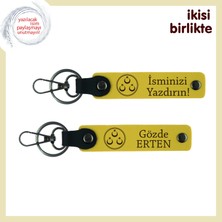 Sevgiline Anlam Yüklü Sürpriz – Üç Ayyıldızlı Deri Anahtarlık Takımı, Isme Özel, Sarı-Sarı