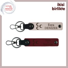 Üç Hilal Temalı Eşe Özel Isim Yazılabilir Anahtarlık Takımı Anlamlı Hediye, Pudra-Bordo