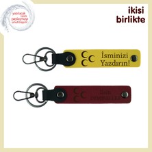 Eşine Verilebilecek En Anlamlı Yıldönümü Armağanı Üç Hilal Temalı– Deri Anahtarlık X2, Sarı-Bordo