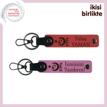 Kardeşe Bir Hatıra – Ayyıldız Kurt Göktürk, Kişiye Özel Deri Anahtarlık 2' Li Set, Nar Çiçek-Pembe