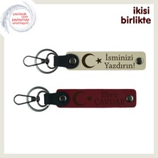 Romantik Ruhlu Sevgiliye Ay Yıldız Vatan Temalı Sürpriz – Deri Anahtarlık Seti X2, Sütlü Kahve-Bordo