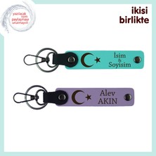 Sadece Ona Ait Bir Hediye – Ay Yıldız Temalı Kişiye Özel Deri Anahtarlık Seti, Turkuaz-Mor