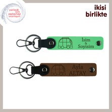Hayatını Karavanda Geçirenlere, Kişiye Özel Deri Anahtarlık 2’li Takım, Fıstık Yeşil-Açık Kahve