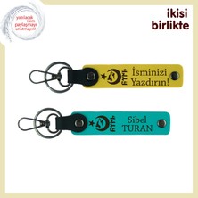 Ayyıldız Kurt Göktürk Desenli Yıldönümüne Özel Sürpriz – Kişisel Deri Anahtarlık X2'li, Sarı-Turkuaz