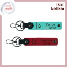 Ayyıldız ve Türkiye Gibi Parlayan Aşkınız Için, Isim Yazılabilen Deri Anahtarlık X2, Turkuaz-Kırmızı