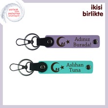 Çocuk ve Ayyıldız Deri Anahtarlık, Isim Yazılabilir Vatan Temalı Hediye, Mor Menekşe-Turkuaz