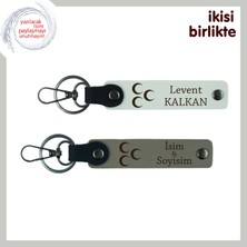 Üç Hilal Deri Anahtarlık Set – Doğum Gününe Özel Isim Yazılabilen Hediye, Beyaz-Kül Gri