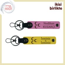 Aşkınla Bütünleşen Hediye – Üç Hilal Temalı Deri Anahtarlık Takımı X2 Set, Pembe-Sarı