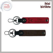 Üç Hilal Temalı, Üzerine Isim Yazılabilen Deri Anahtarlık Hediyelik X2, Kırmızı-Kahve