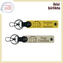 Karavanla Her Yere Götürülecek Hatıra, Isimli Deri Anahtarlık 2’li Set Isim Yazılı, Sarı-Sütlü Kahve