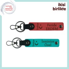 Milli Temalı Kalıcı Hediye, Ayyıldız ve Türkiye Desenli Kişisel Anahtarlık X2, Nar Çiçeği-Turkuaz
