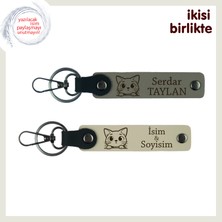 Sevgililer Günü Için Kedi Temalı Özel Hediye, Isimli Deri Anahtarlık Seti, Kül Gri-Sütlü Kahve