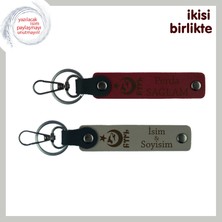 Sevdiklerine Sadakat Temalı Hediye – Ayyıldız Kurt Göktürk Deri Anahtarlık, Isme Özel, Bordo-Kül Gri
