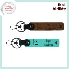 Doğum Gününe Özel, Ayyıldız ve Türkiye Desenli Kişisel Isimli 2’li Anahtarlık, Açık Kahve-Turkuaz