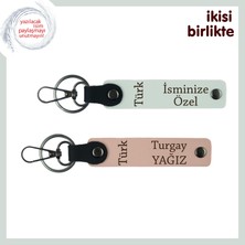 Türk Yazısı Temalı Kurumsal Armağan, Isime Özel 2'li Anahtarlık Set, Beyaz-Yavru Ağzı