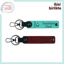 Ayyıldız ve Türkiyele Ölümsüzleştirin – Isme Özel Deri Anahtarlık Hediye Takımı, Turkuaz-Bordo