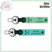 Evlilik Yıldönümüne Özel Üç Hilal Tema Isim Yazılı 2’li Anahtarlık, Açık Yeşil-Turkuaz
