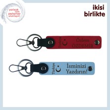 Kişiselleştirilebilen Ayyıldız ve Türkiye Deri Anahtarlık Set, 2’li Hatıra Takımı, Kırmızı-Mavi