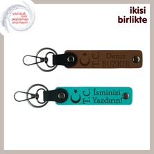 Sevdiklerine Ait Değerli Hediye Ay Yıldız Tc– Kişisel Isimli 2’li Anahtarlık, Açık Kahve-Turkuaz