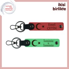 Vatan ve Bayrak Sevgisiyle Hazırlanmış, Ay Yıldızlı, Kişisel Deri Anahtarlık Set, Nar Çiçeği-Yeşil