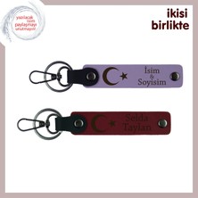 Ay Yıldız Temalı Isme Özel Anahtarlık Seti – Her Yaşa Uygun Hediyelik Tasarım, Mor Menekşe-Bordo