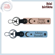 Vefayı Simgesel Hale Getiren Hediye – Ay Yıldızlı Kişisel Deri Anahtarlık X2, Yavru Ağzı-Gök Mavi