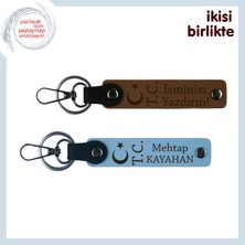 Şirket Çalışanlarına Özel Ay Yıldız Tc Hediye – Isme Özel 2’li Anahtarlık Takımı, Açık Kahve-Mavi