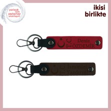 Ay Yıldız Tc Temalı, Üzerine Isim Yazılabilen Kişisel Deri Anahtarlık Hediyelik X2, Kırmızı-Kahve