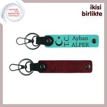 Aşkınızı Ay Yıldız Tcla Ölümsüzleştirin – Isme Özel Deri Anahtarlık Hediye Takımı, Turkuaz-Bordo