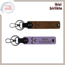 Kardeşe Özel Kalıcı Hatıra, Üç Hilal Isim ve Soyadı Yazılı X2 Anahtarlık, A Kahve-Mor