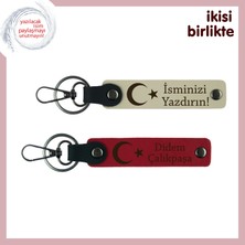 Sevgililik Hatırası Olarak Kalacak Hediye – Ay Yıldızlı Deri Anahtarlık Seti, Sütlü Kahve-Kırmızı