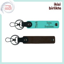 Sevdiğinle Paylaşılacak Anlamlı Set – Türk Yazısı Temalı Deri Anahtarlık, Turkuaz-Kahve