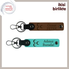 Doğum Gününe Özel, Üç Hilal Desenli Kişisel Isimli 2’li Anahtarlık, Açık Kahve-Turkuaz