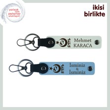 Çiftlere Özel, Isim & Soyisim Yazılı Ayyıldız Kurt Göktürk Temalı 2’li Anahtarlık Hediye, Beyaz-Mavi