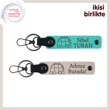Yollarda Büyüyen Aşklara Kişiye Özel Hediye, Karavan Temalı Anahtarlık Seti X2, Turkuaz-Pudra