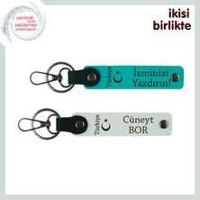 Teyzeye Gönülden Bir Hediye – Ayyıldız ve Türkiye 2’li Kişisel Anahtarlık Seti, Koyu Turkuaz-Beyaz