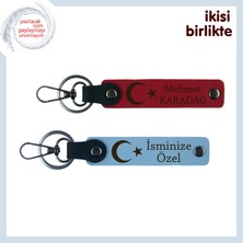 Isimle Kişiselleştirilebilen Ay Yıldızlı Deri Anahtarlık Set, 2’li Hatıra Takımı, Kırmızı-Mavi