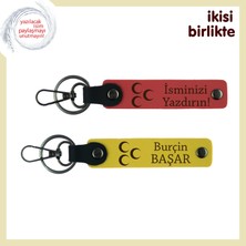 Dayıya Minnet Armağanı – Üç Hilal Desenli Kişisel Deri Anahtarlık, Nar Çiçeği-Sarı