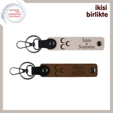 Sevgilinin Ismiyle Özelleşen Hediye – Üç Hilal Temalı Deri Anahtarlık Seti, Pudra-Kahve