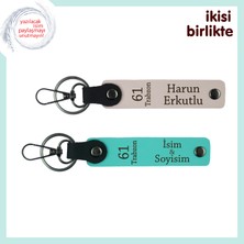 Trabzon Aşkını Taşıyan Çiftli Deri Anahtarlık Tasarımı, Isim Yazılabilen Detay, Pudra-Turkuaz