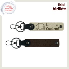 Karavan Sevdalısına Uygun Hediyelik, Kişiye Özel Deri Anahtarlık X2’li, Sütlü Kahve-Koyu Kahve