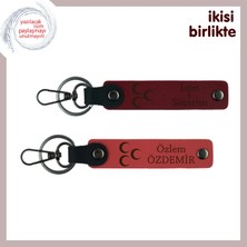 Üç Hilal – Kişiye Özel Isimli 2’li Deri Anahtarlık Takımı, Hediyelik, Bordo-Nar Çiçeği
