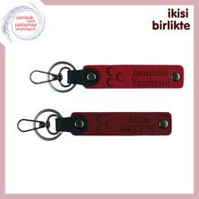 Isim ve Soyisimli  Üç Hilal Desenli Özel Tasarım Anahtarlık Hediye Set, Kırmızı-Bordo