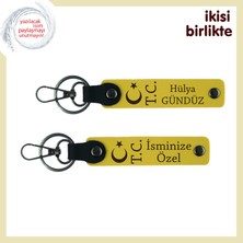 Sevgiline Anlam Yüklü Sürpriz – Ay Yıldız Tc Deri Anahtarlık Takımı, Isme Özel, Sarı-Sarı