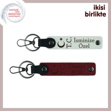 Sevdiklerine Sürpriz Yap Ay Yıldız Tc Temalı Kişisel Isimli & Soyisimli X2 Anahtarlık, Beyaz-Bordo